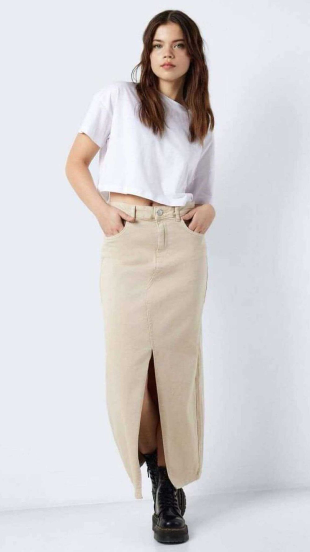 Kelly Denim Maxi Skirt in Beige