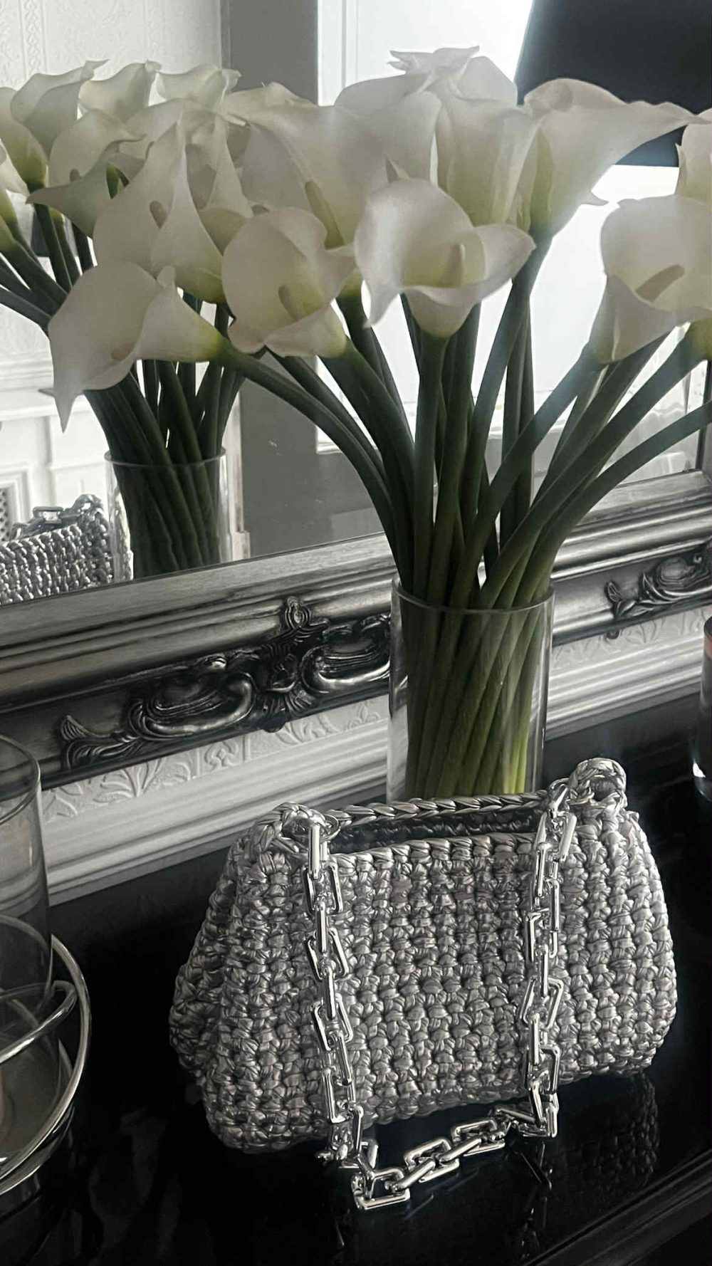 Handmade Crochet Metallic Handbag with Chain Handle in Silver