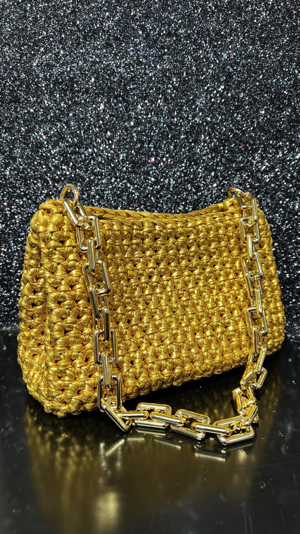 Handmade Crochet Metallic Handbag with Chain Handle in Gold