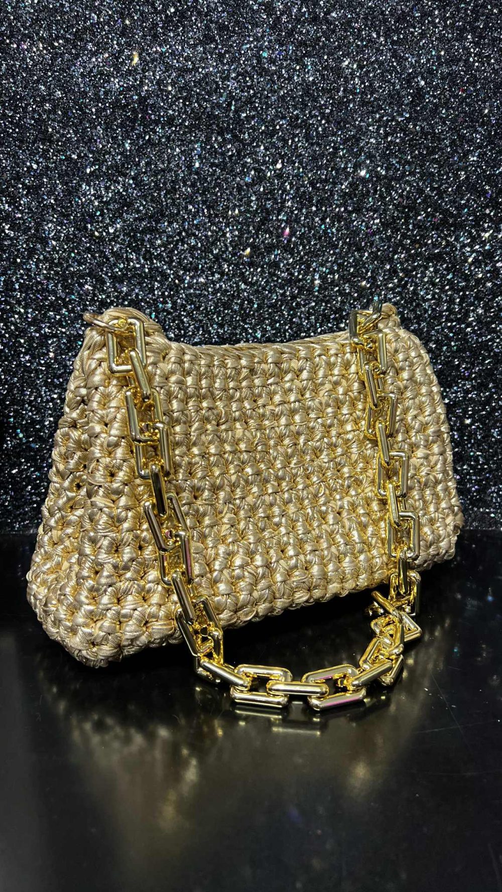 Handmade Crochet Metallic Handbag with Chain Handle in Pale Gold