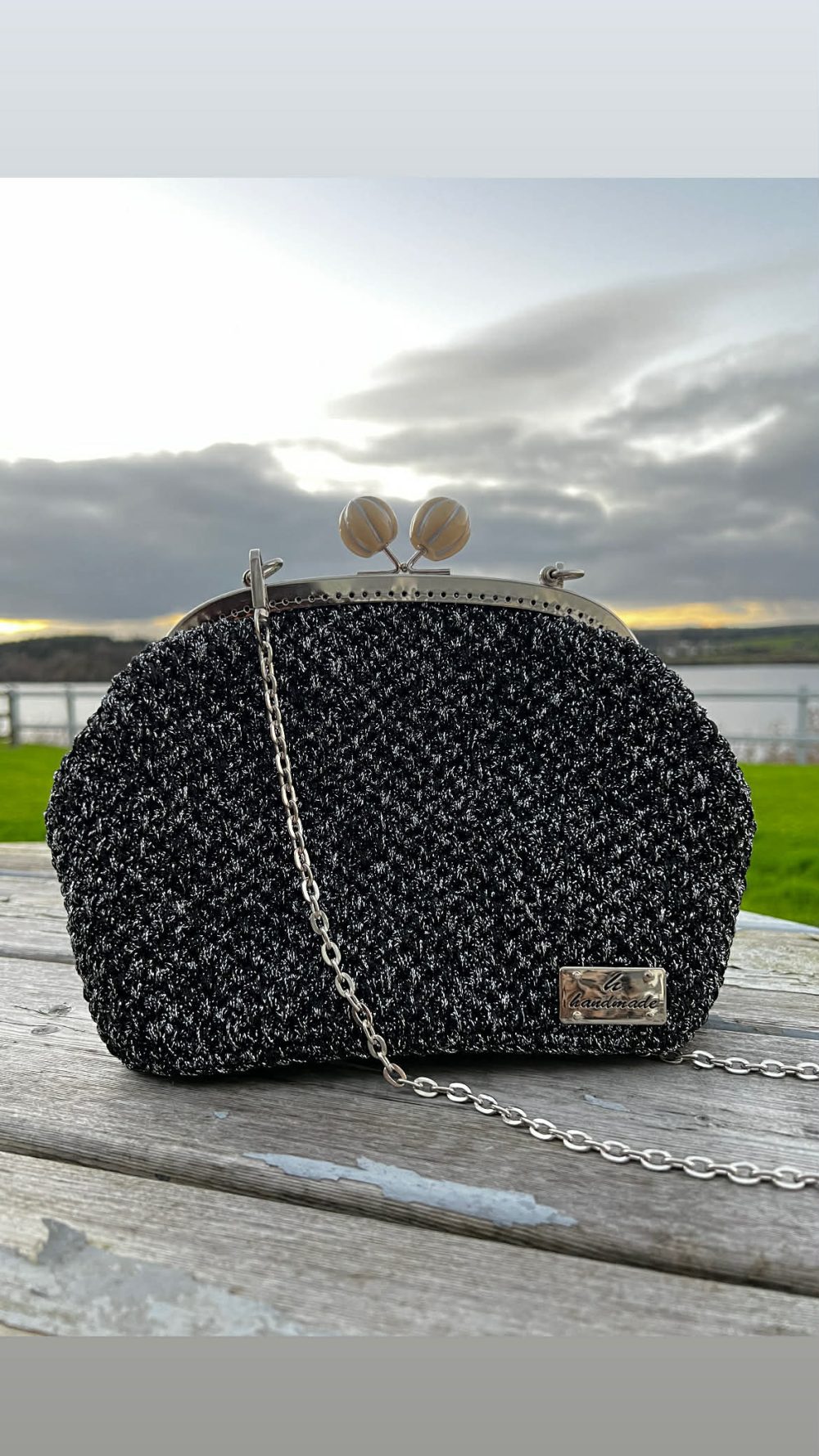 Handmade Crochet Handbag in Black with Silver Glitter