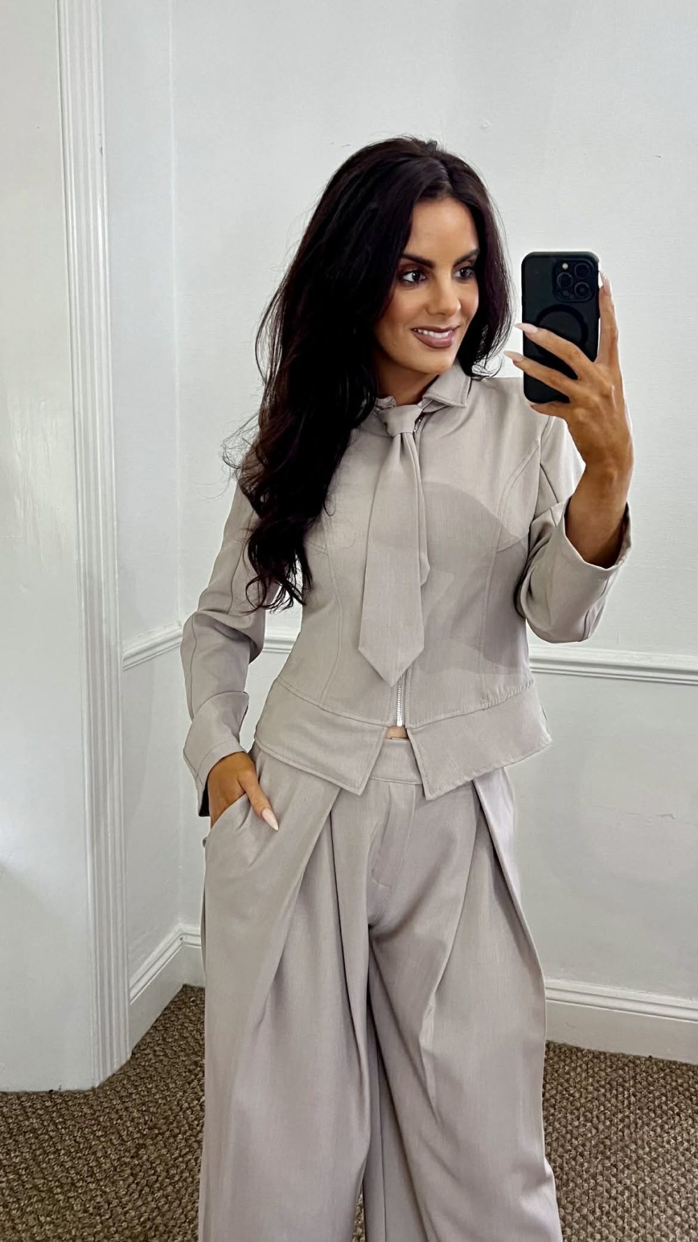 Zoe Zip up Shirt and tie in Taupe