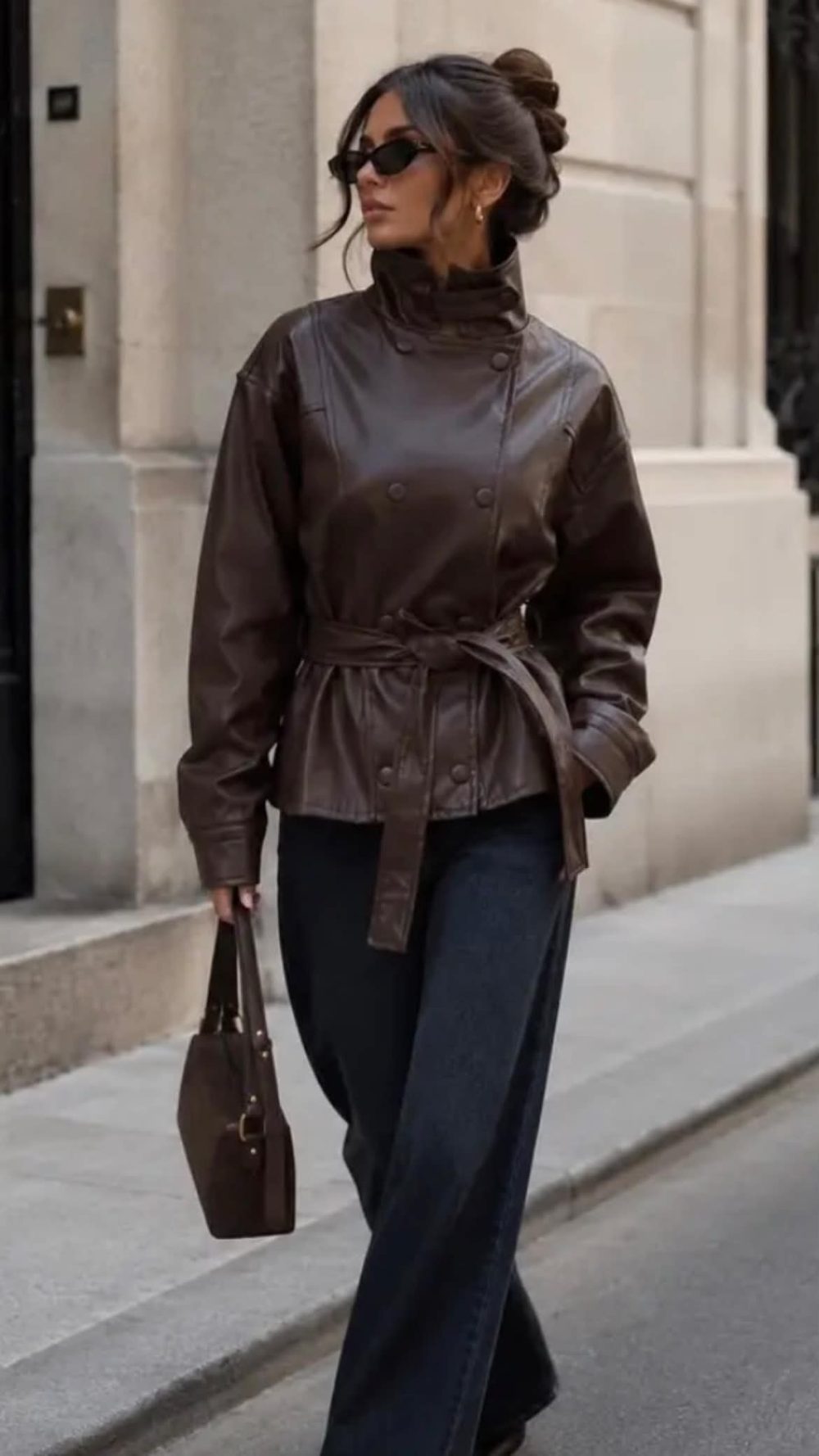 Brown Faux Leather High Neck Jacket