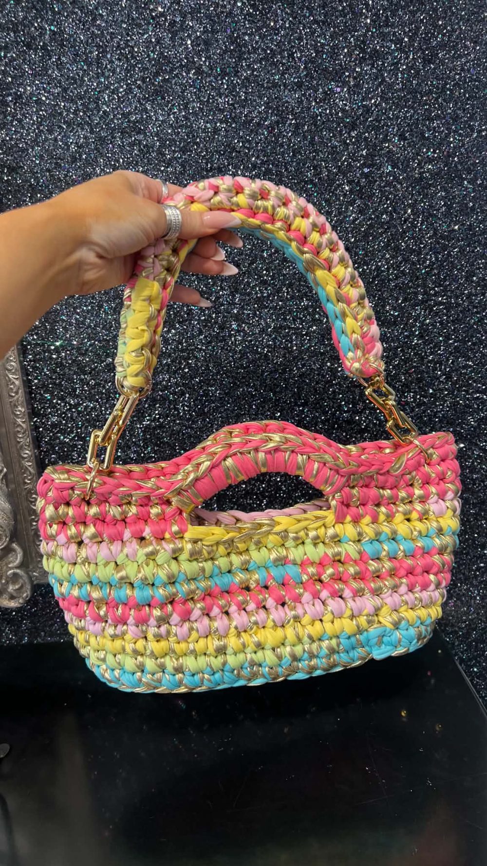 Handmade Crochet Clutch bag with Crochet Handle in Multicolour and Gold