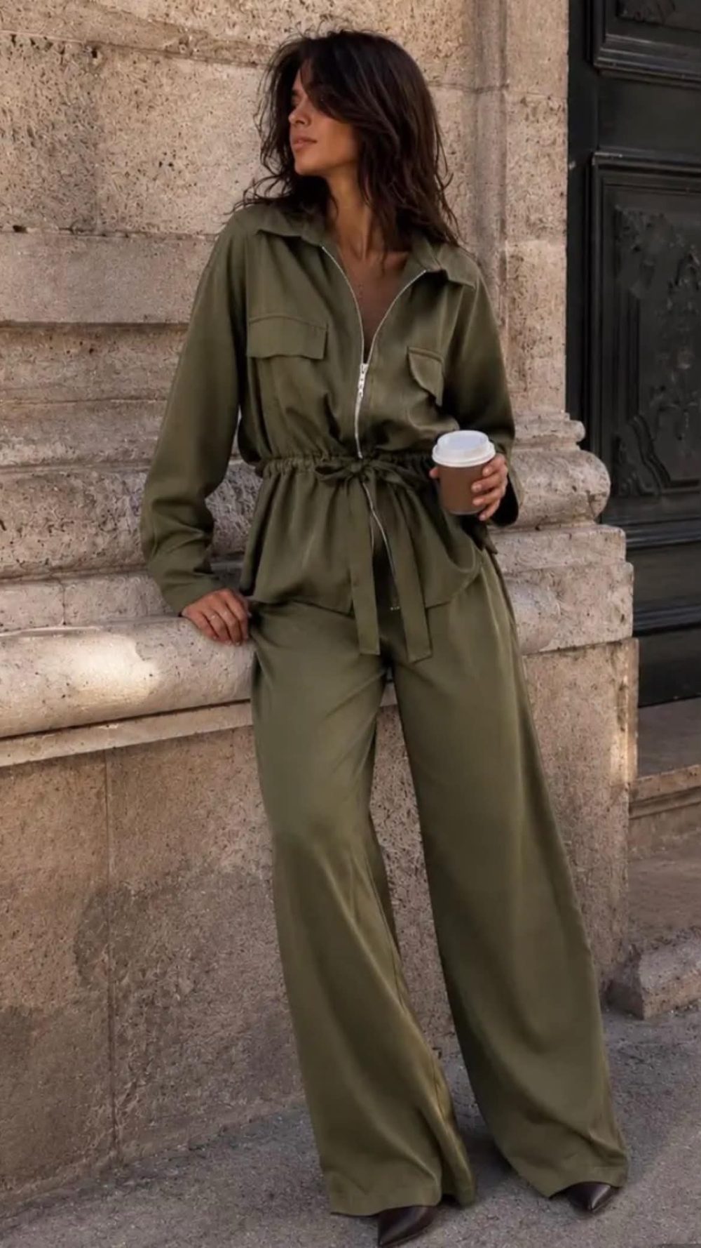 Khaki Zip Up Jacket and Trouser Suit