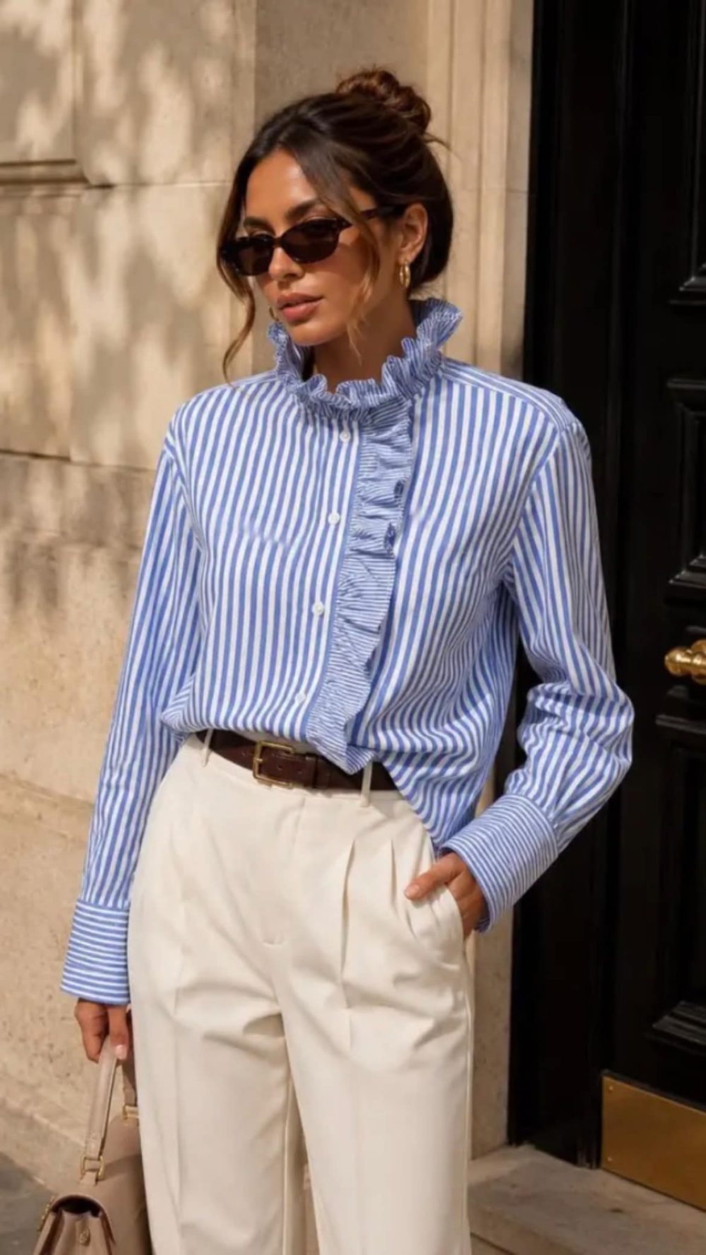 Blue Frill High Neck Striped Shirt