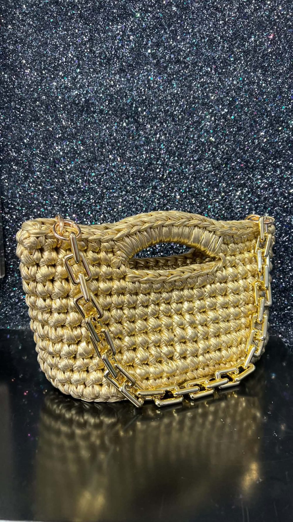 Handmade Crochet Clutch bag in Gold with Gold Handle