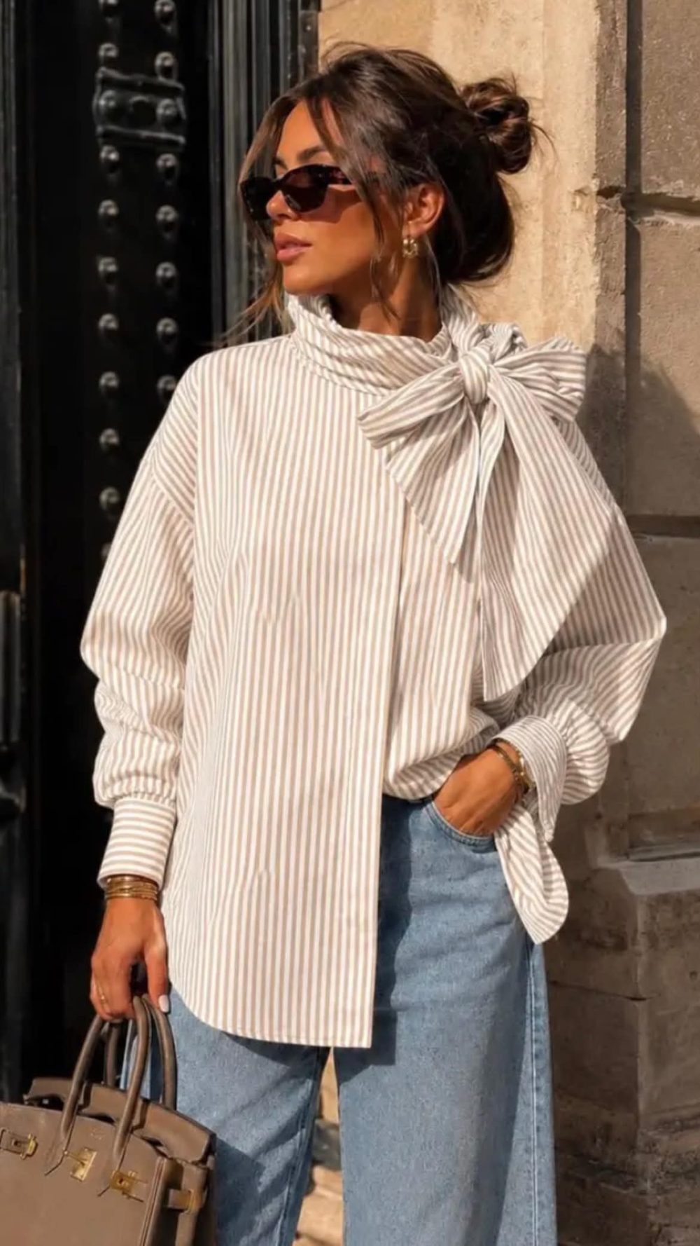 Beige Striped Tie Neck Shirt