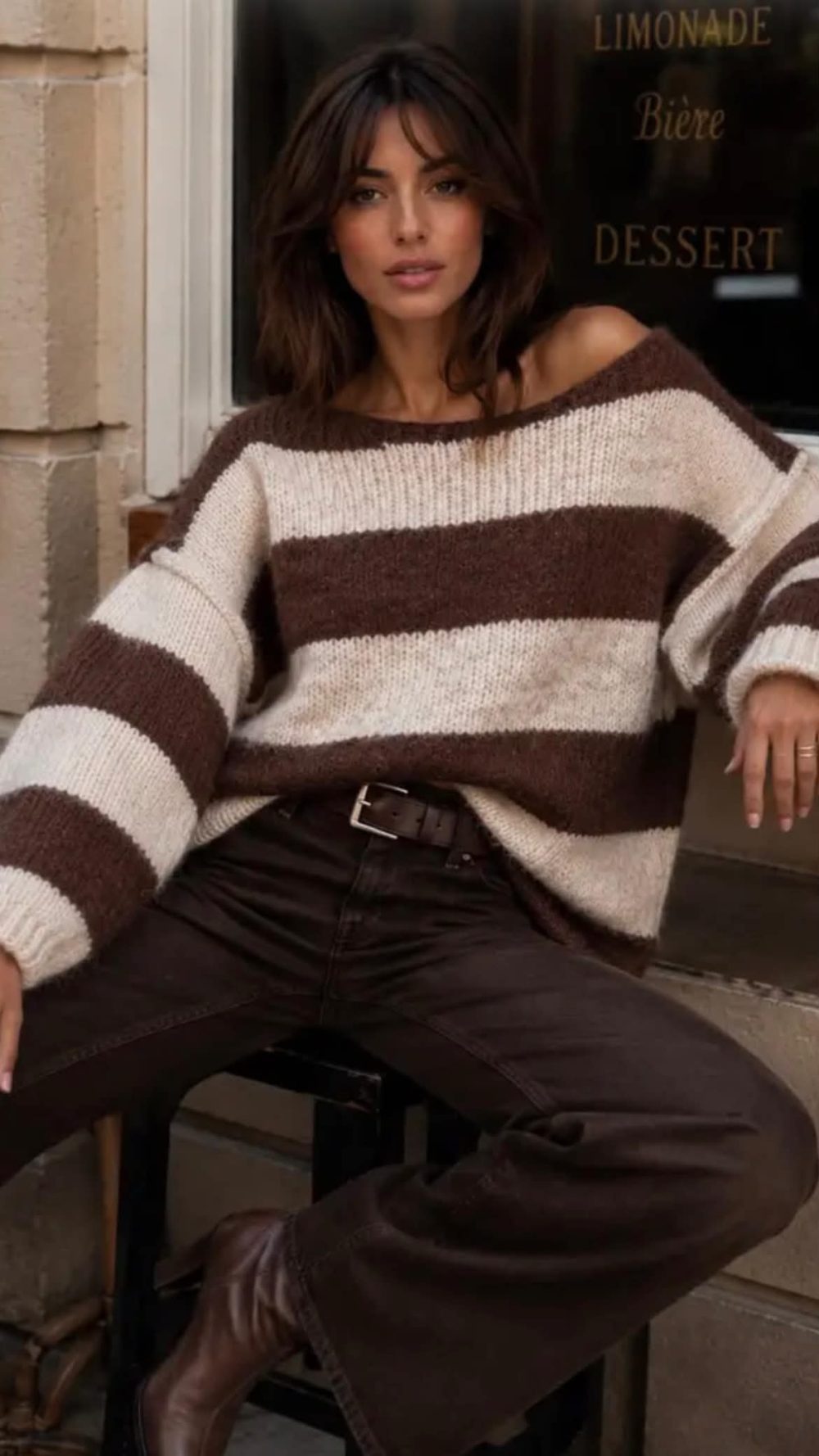 Brown and Beige Boat Neck Knit Jumper