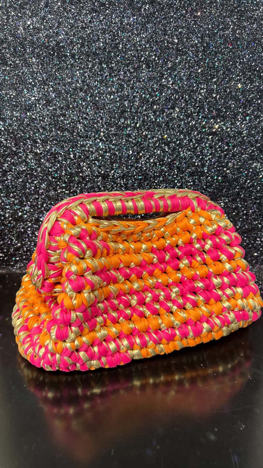 Handmade Crochet Clutch bag in Pink, Orange and Gold
