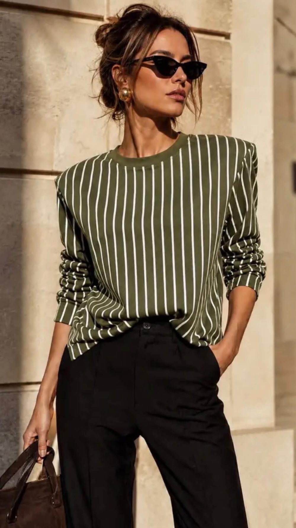 Khaki Striped T-shirt with Shoulder Pads 