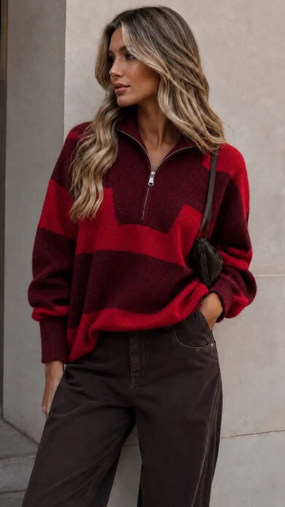 Alice Zip Neck Knit in Red and Burgundy