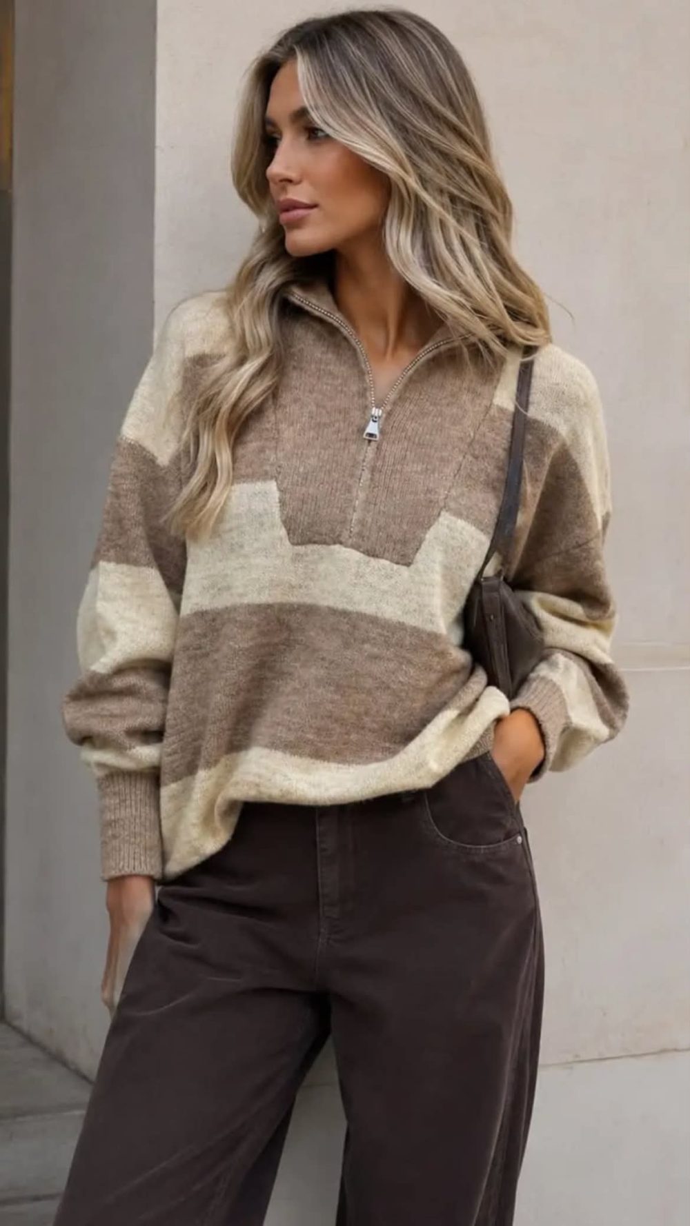 Alice Zip Neck Knit in Cream and Beige