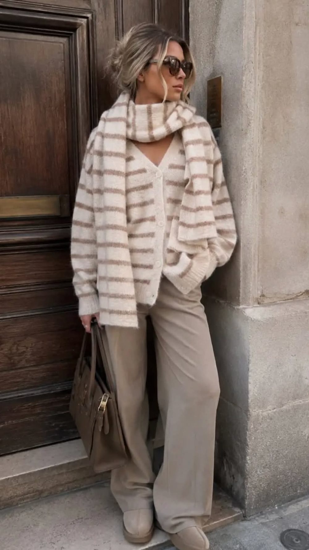 Nova Striped Knit Cardigan and Scarf Set in Cream and Beige