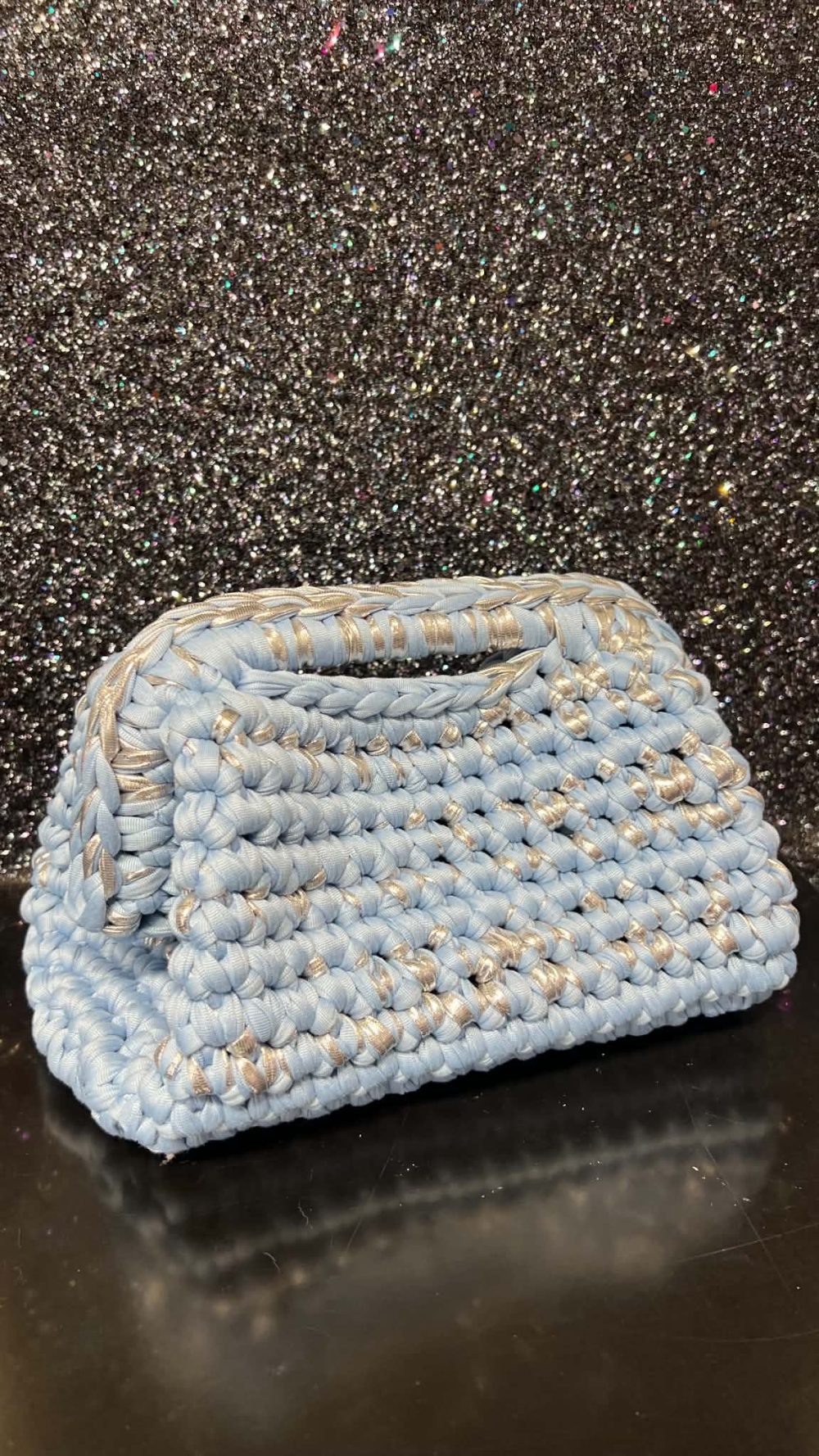 Handmade Crochet Clutch bag in Sky Blue and Silver