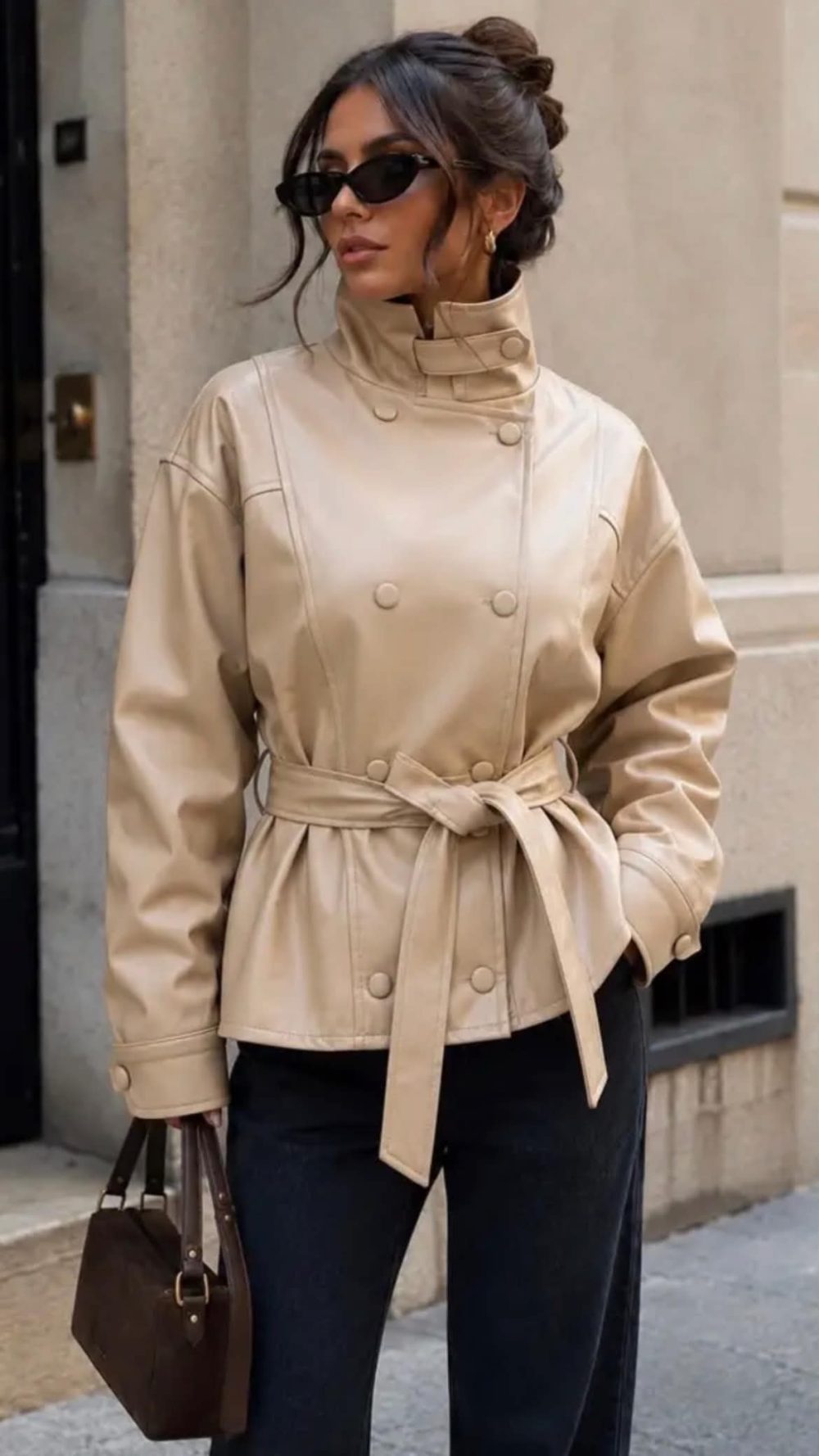 Beige Faux Leather High Neck Jacket