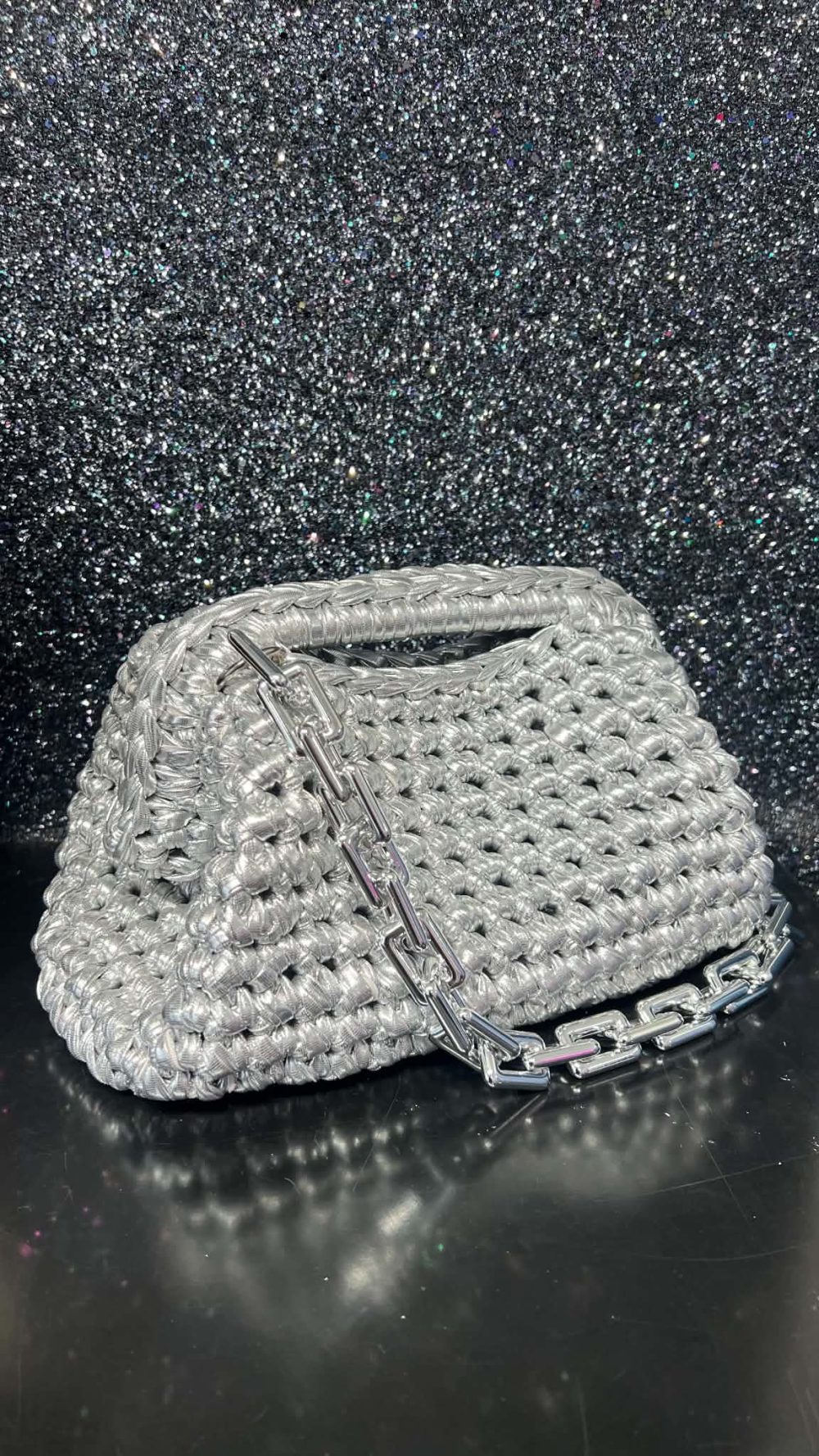 Handmade Crochet Clutch bag in Silver with Handle