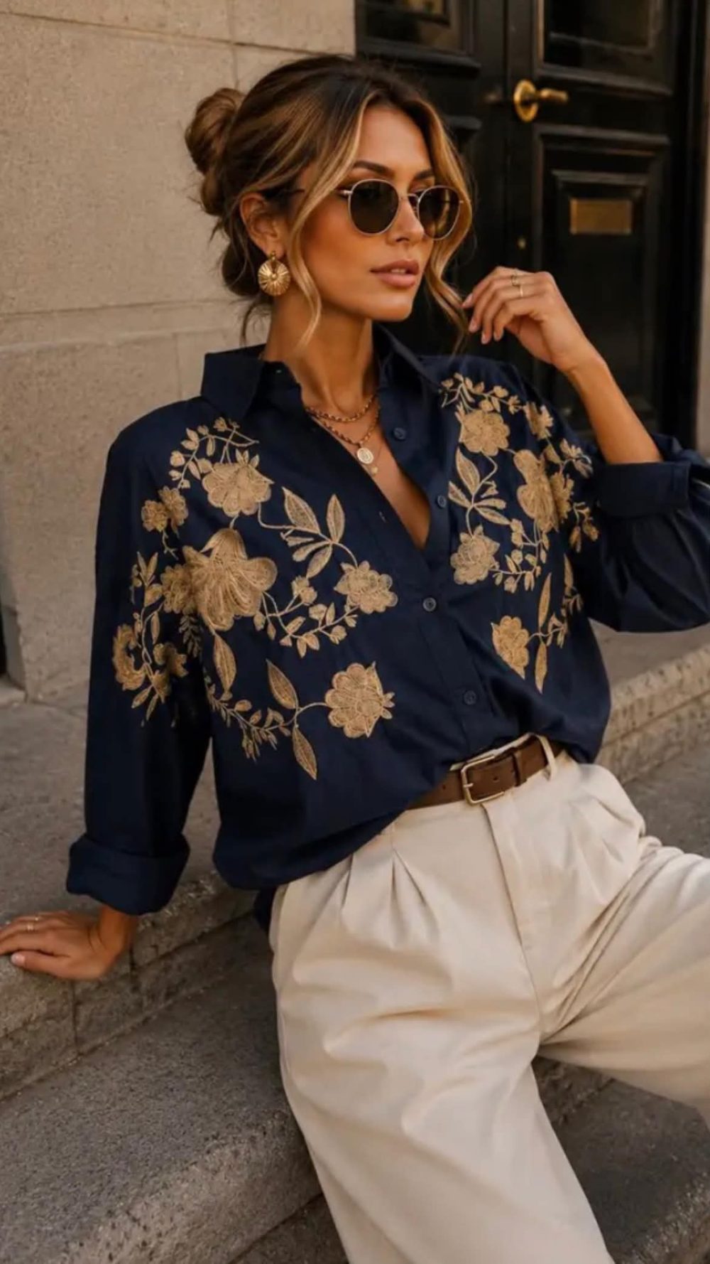 Navy and Beige Embroidered Shirt