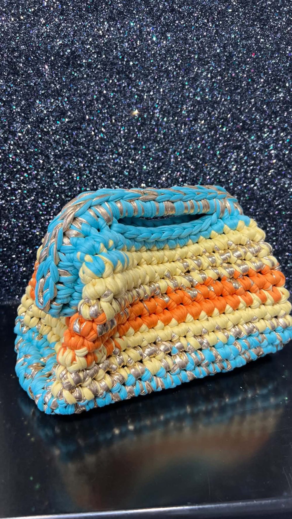 Handmade Crochet Clutch bag in Turquoise, Orange, Lemon and Gold