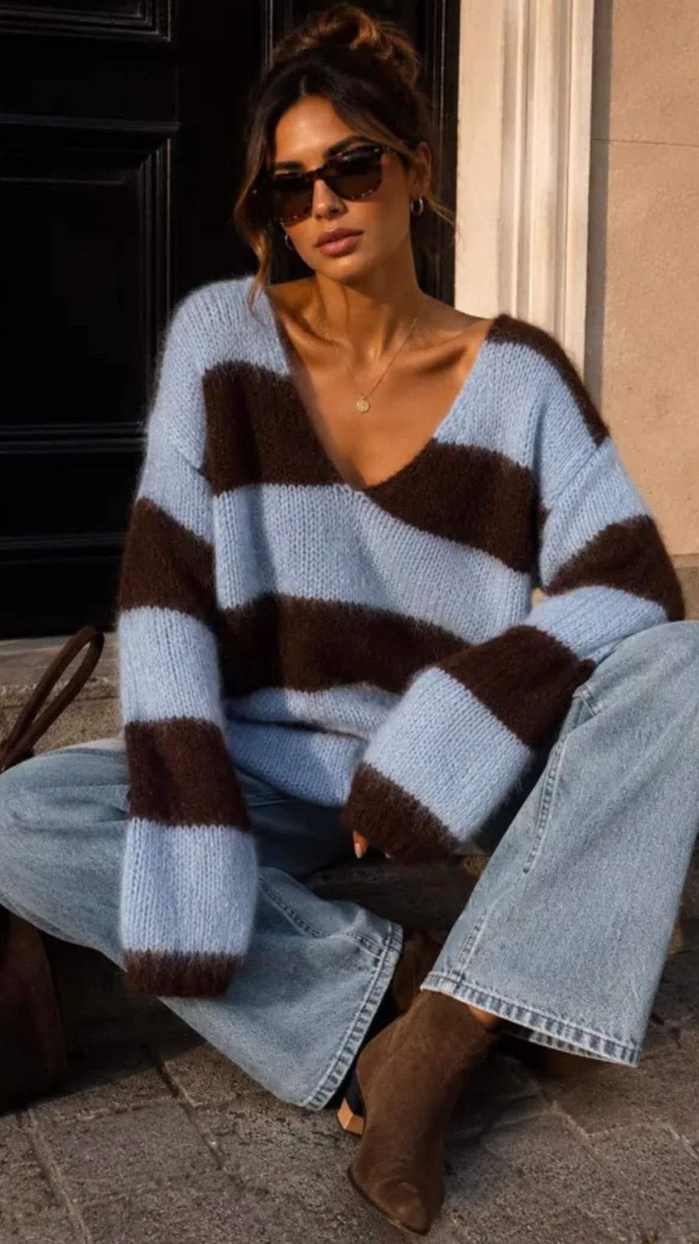 Brown and Blue V Neck Knit Jumper