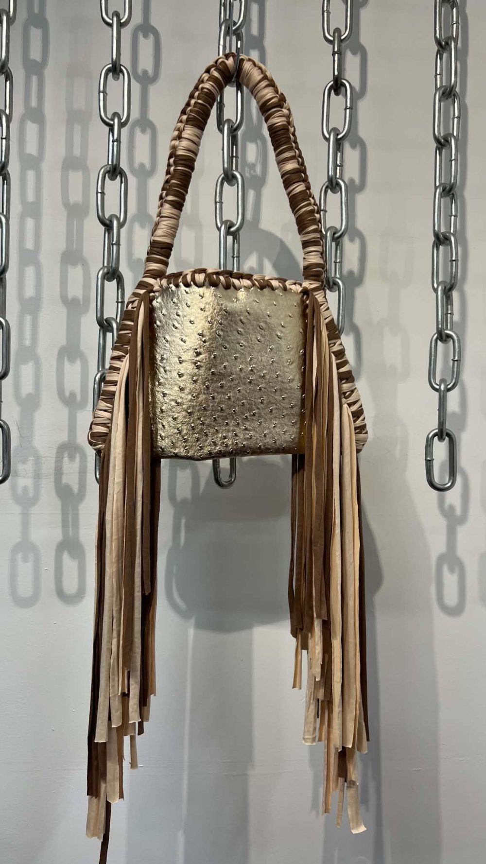 Handmade Crochet and faux leather Handbag with Fringes in Gold and Beige