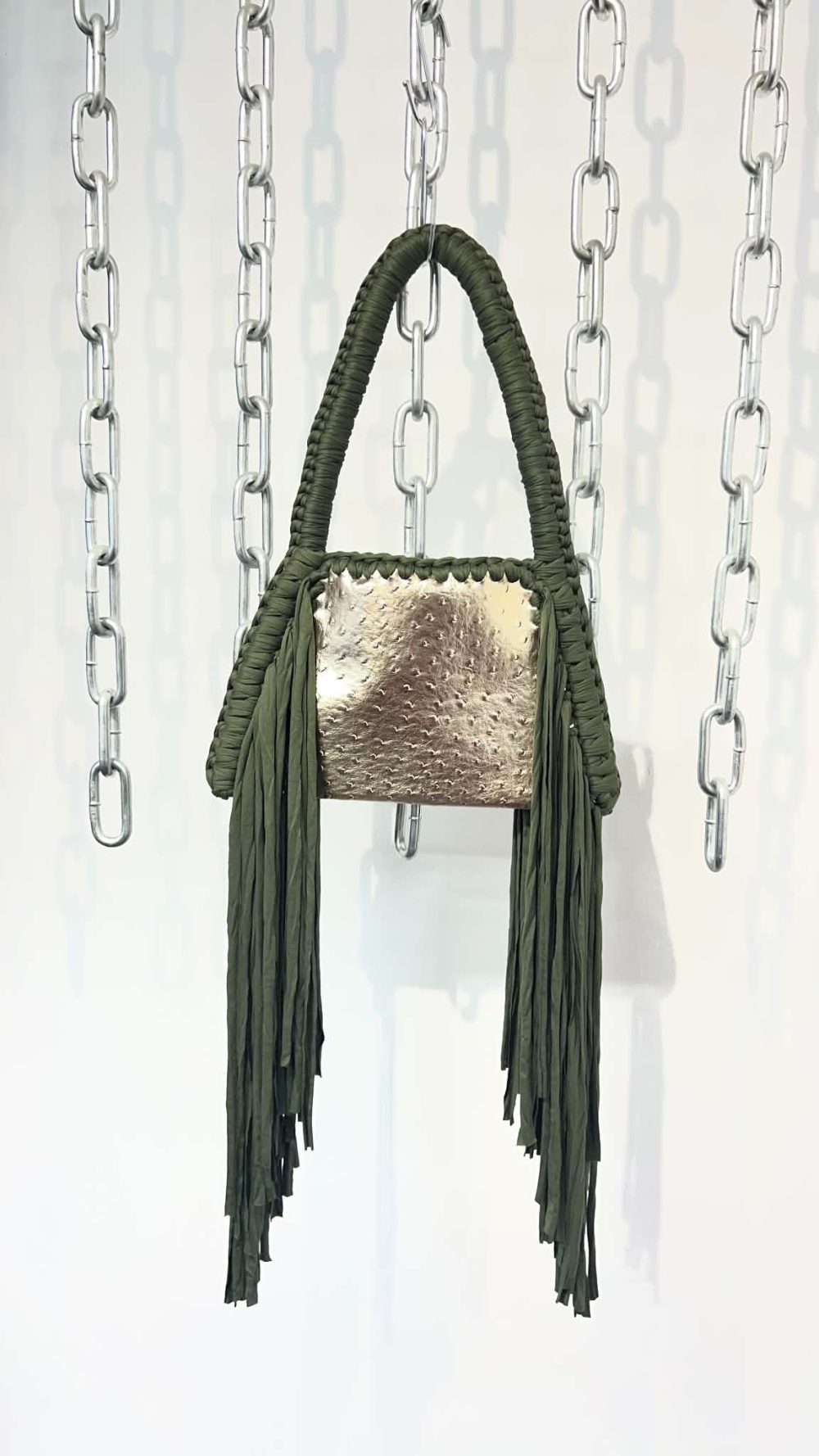Handmade Crochet and faux leather Handbag with Fringes in Gold and Khaki