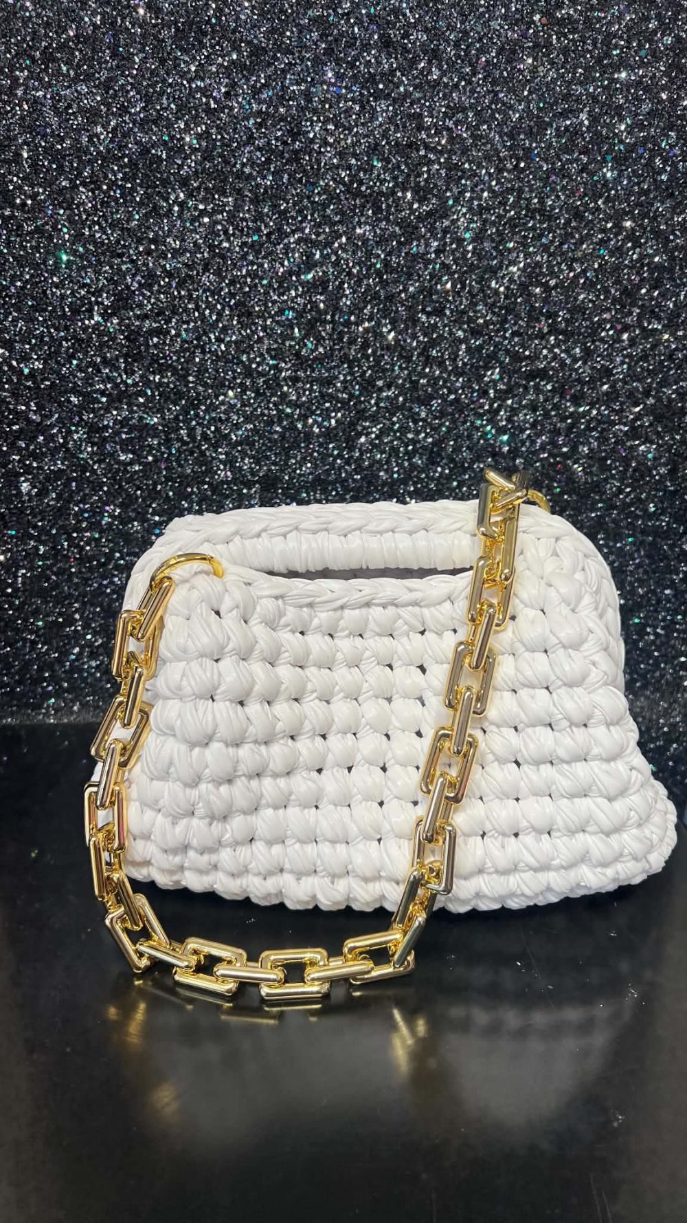 Handmade Crochet Clutch bag in White with Gold Handle