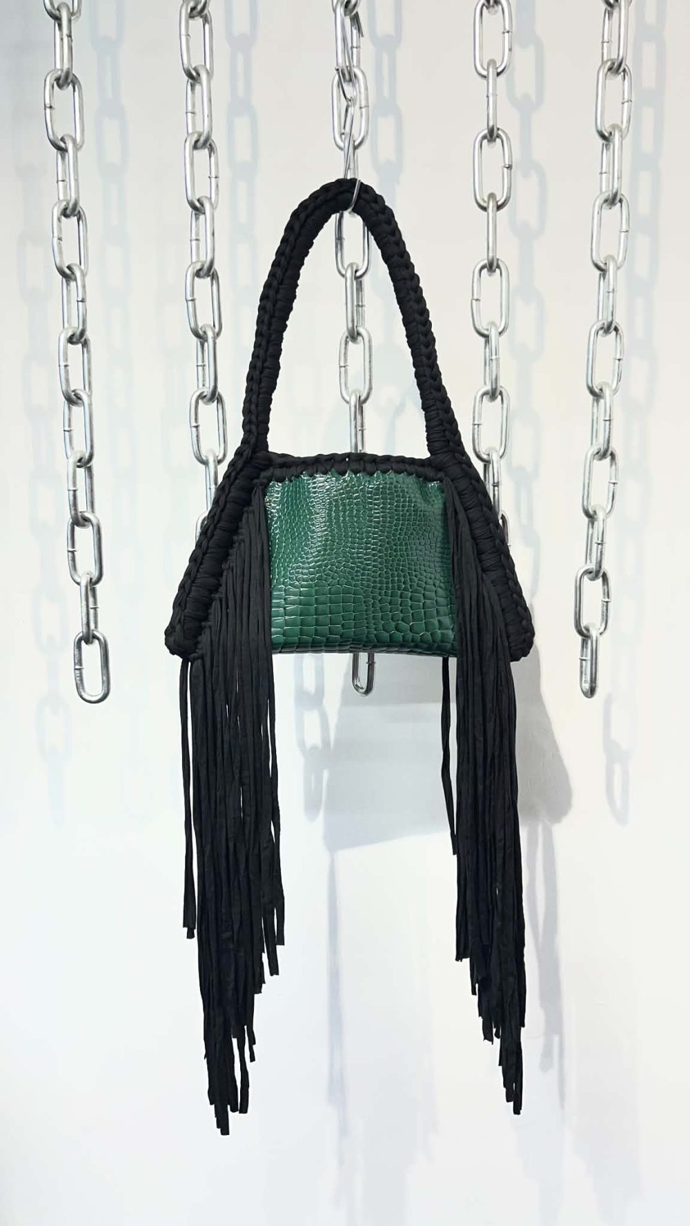 Handmade Crochet and faux leather Handbag with Fringes in Green and Black