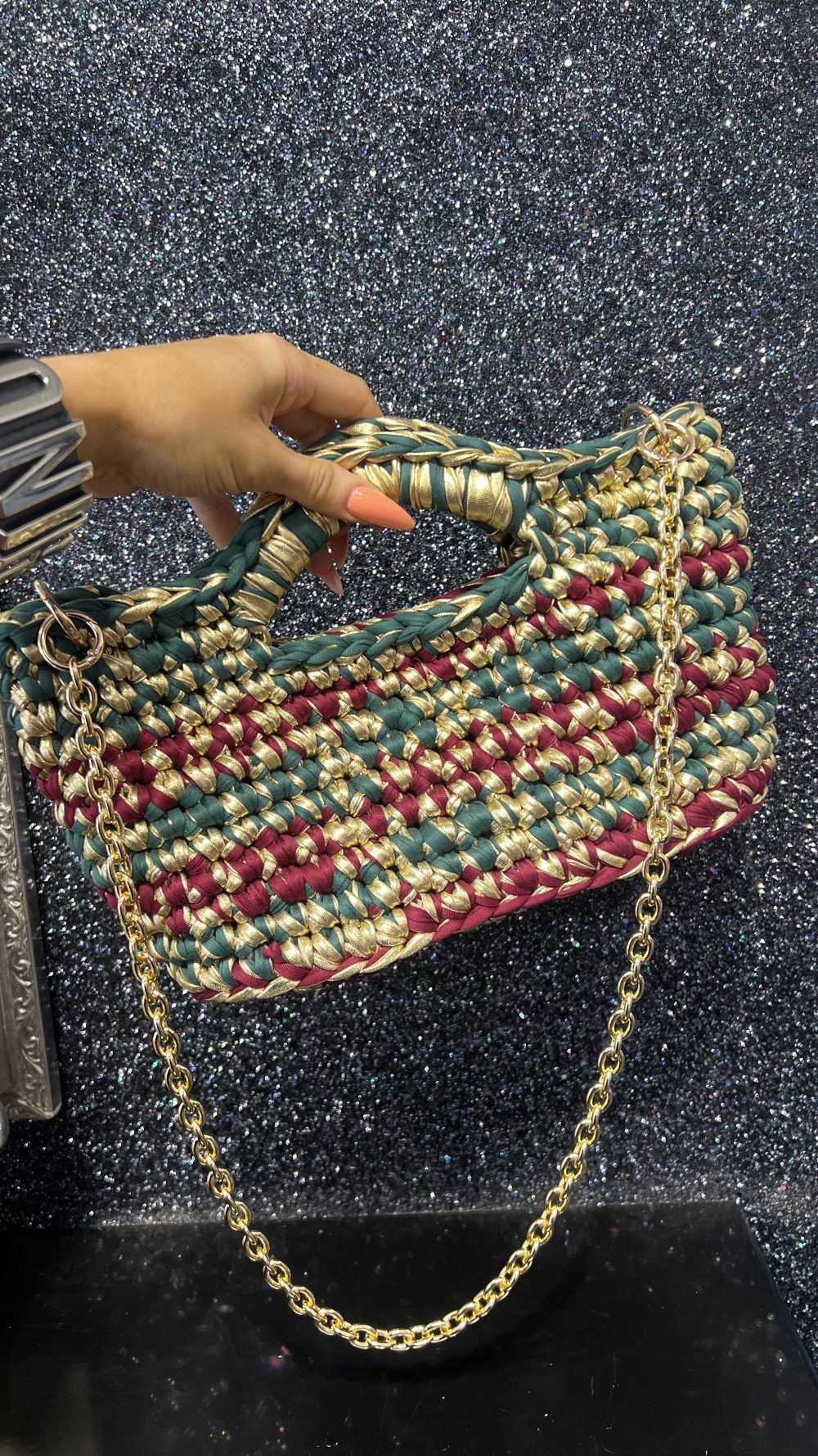 Handmade Crochet bag in Burgundy, Green and Gold with Gold Chain Handle