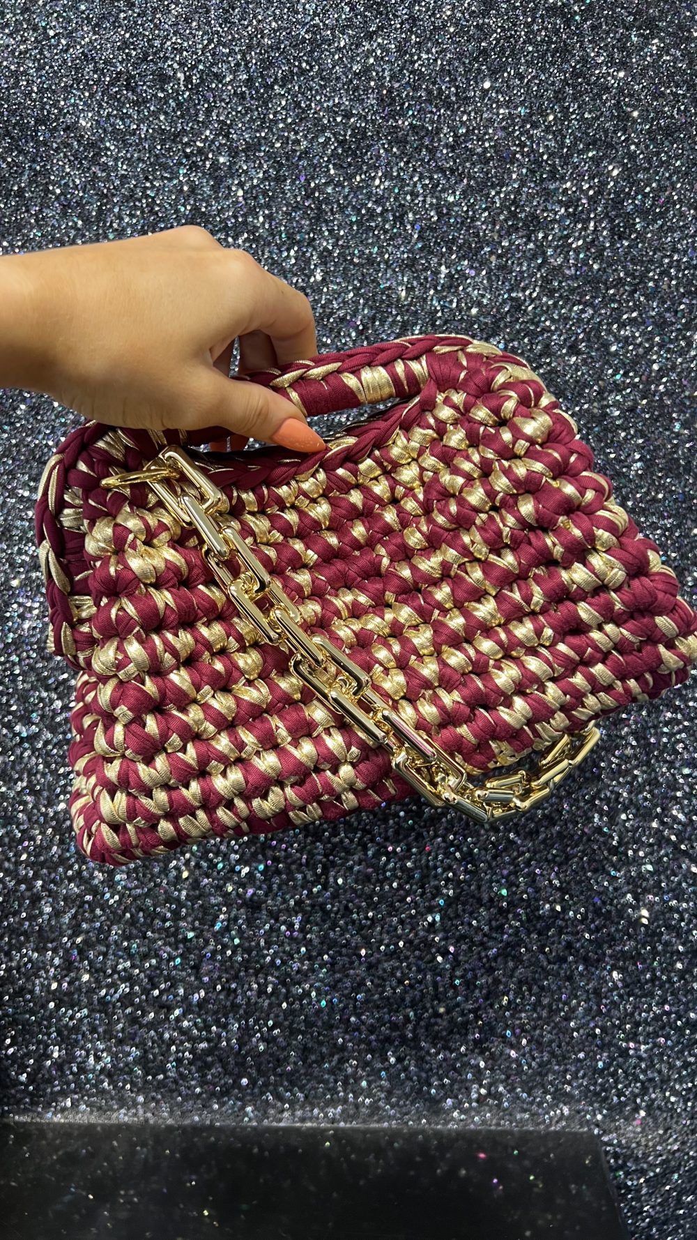 Handmade Crochet Clutch bag in Burgundy and Gold with Gold Handle