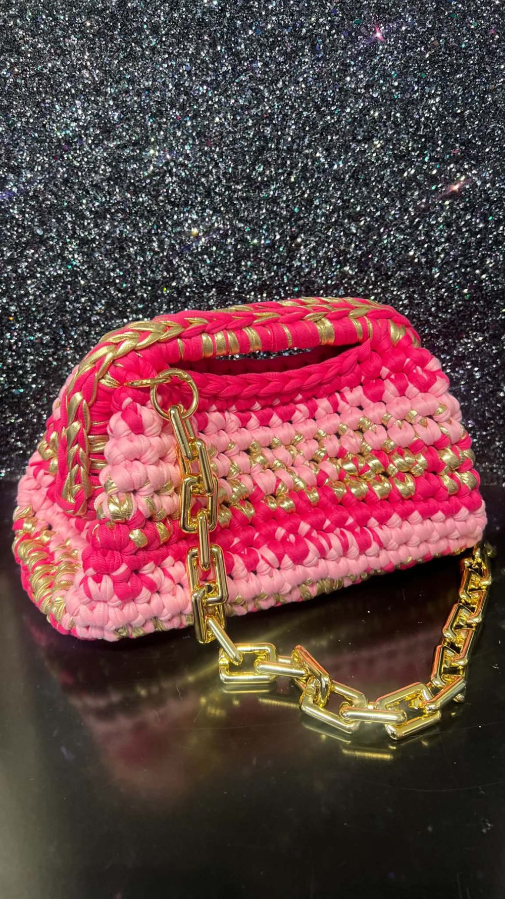 Handmade Crochet Clutch bag in Cerise, Baby Pink and Gold